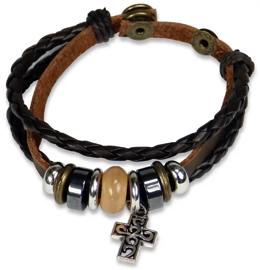 Armband leder kruis en kralen bruin